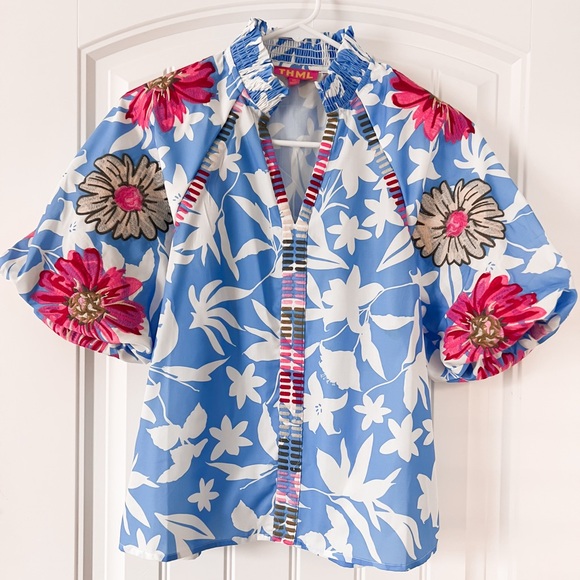 THML Blue and White Floral Top with Embroidered floral details - Picture 1 of 9